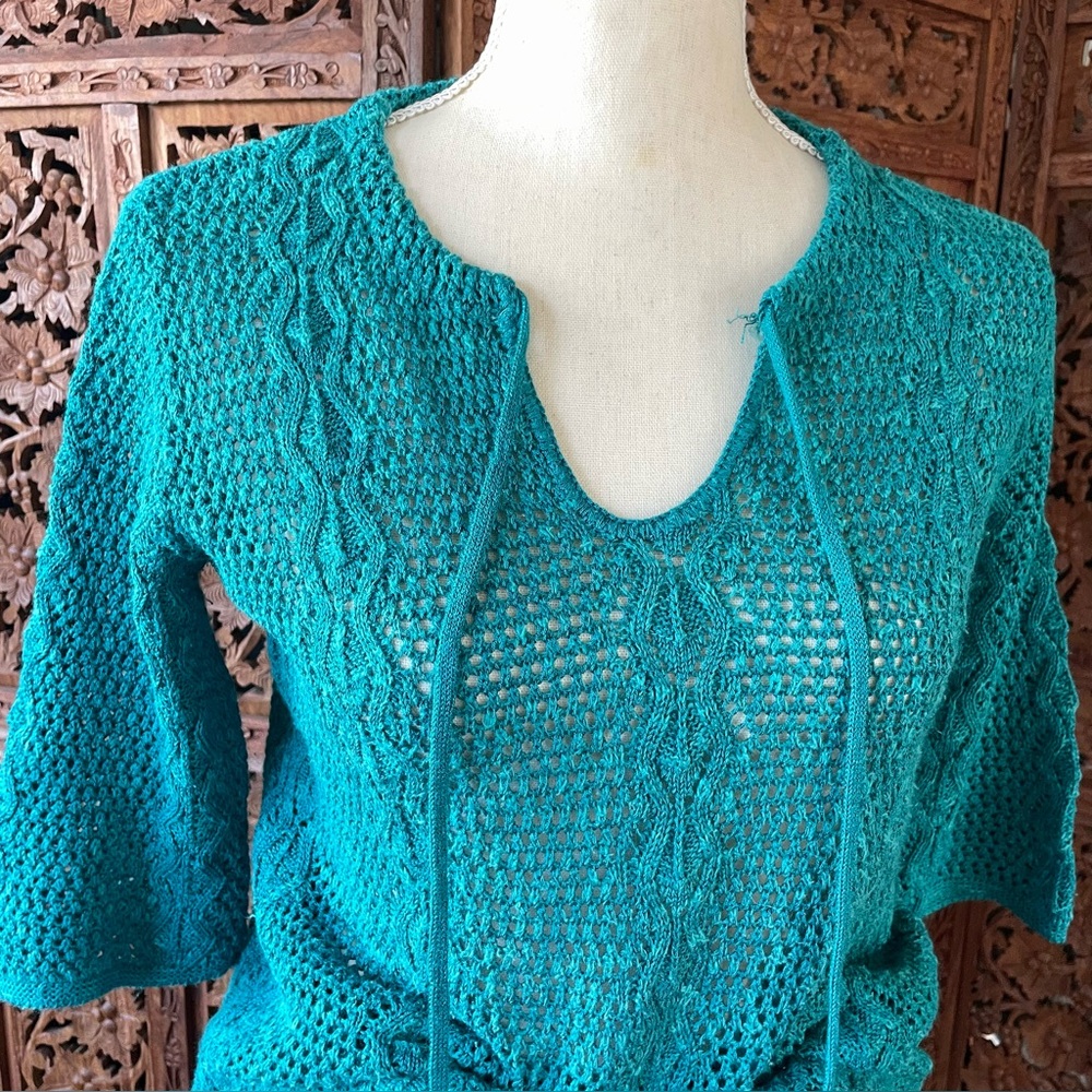 Vintage Teal Cotton Crochet Knit Tie-Neck Quarter Sleeve Sweater Boho Beach - Picture 4 of 13